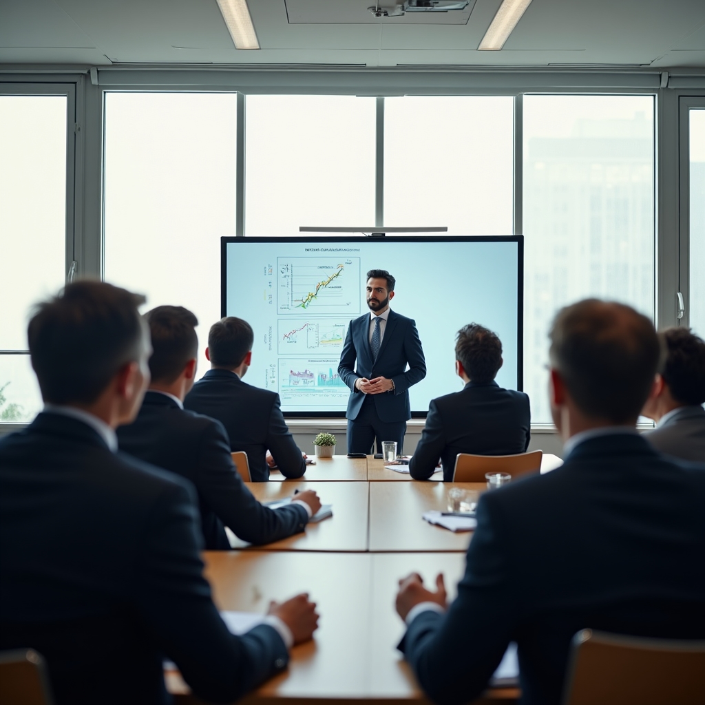 Sesiune de instruire în grup despre instrumente digitale, cu participanți urmărind o prezentare